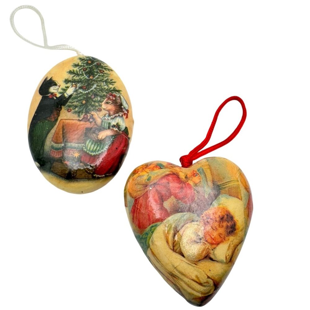 Paper Mache Christmas Ornaments Heart & Oval 1989 Cats Tree Old Fashioned Vtg